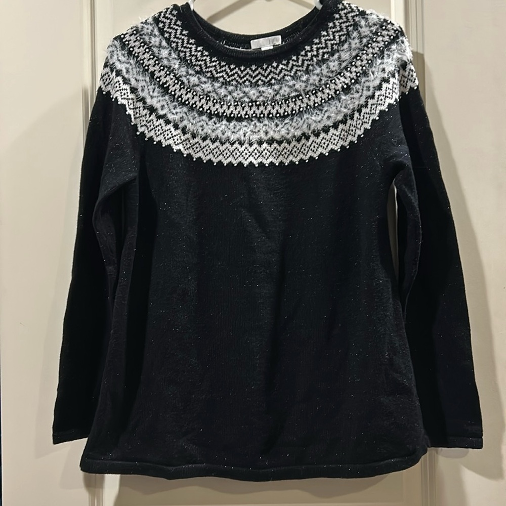 J. Jill Fair Isle pattern Sweater shimmer Round Neck faux fur bead appliqué XS